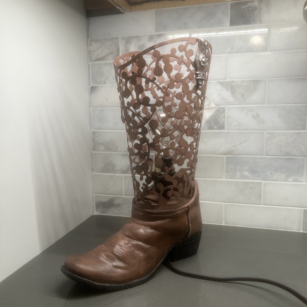 NEW-Rustic Western Cowboy Boot Lamp Intricate Metal Detailing/resin Base